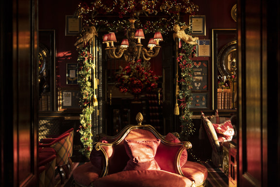 Prestonfield House Edinburgh Hotel Reception Hall during December Break with Christmas Decorations